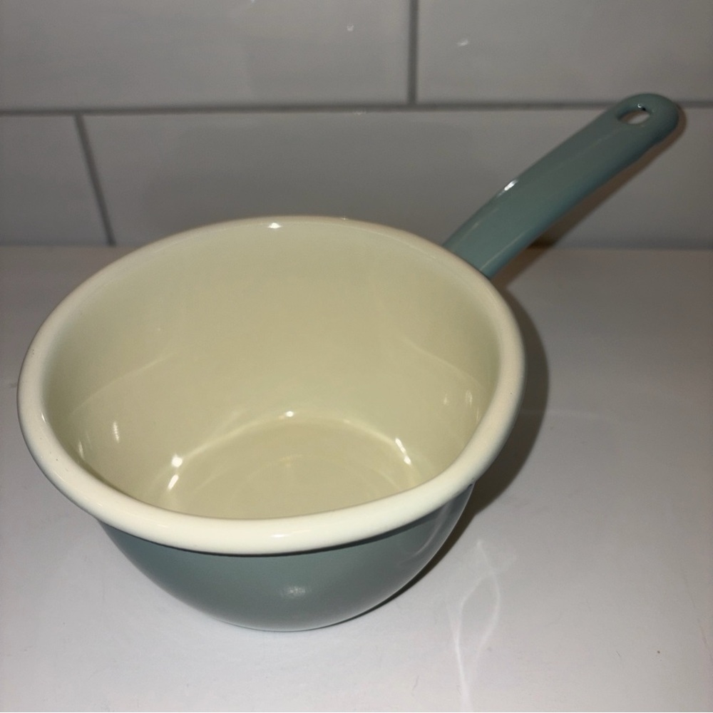 Cream and Blue Enamel Saucepan